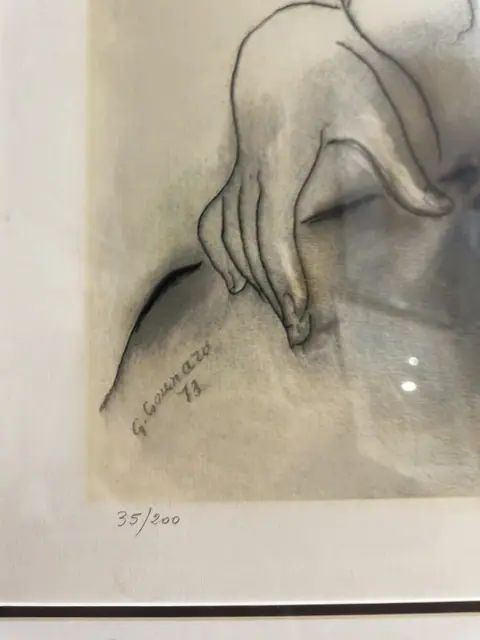 Seated Nude Charcoal Drawing, Signed and Numbered, Black Frame, 1973 - signature