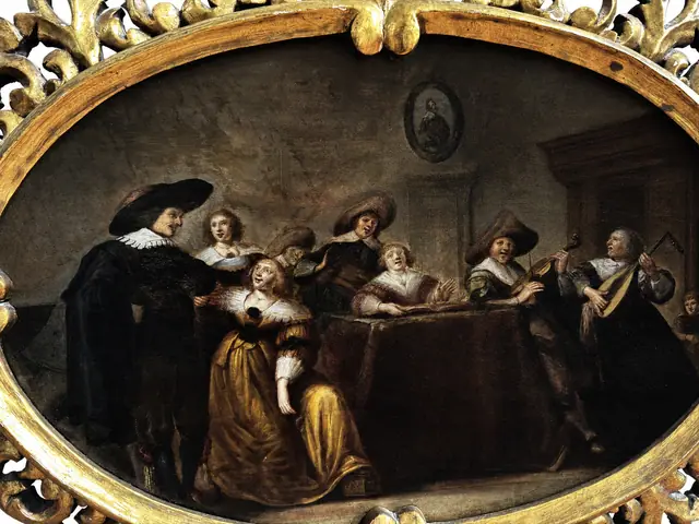 Antique Flemish School Oil Painting, Merry Company, Carved Oval Giltwood Frame - detail