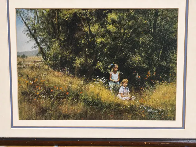 Framed Landscape Print with Children in a Meadow, Double Mat, Wood Frame - detail