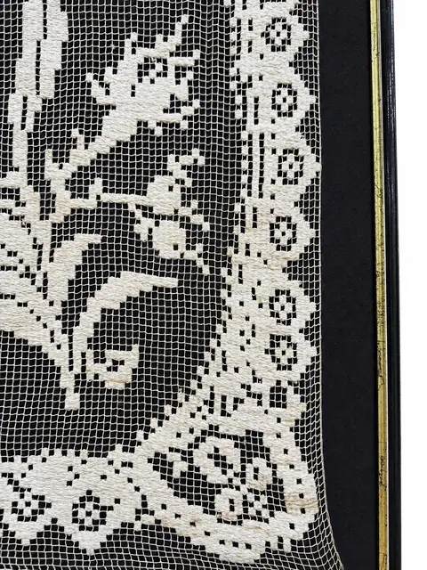 Antique Hand-Worked Lace Panel, Floral Medallion, Framed Under Glass - detail