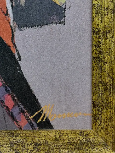 Modern Oil on Canvas, Woman in a Red Dress at a Harbour Cafe, Giltwood Frame - signature