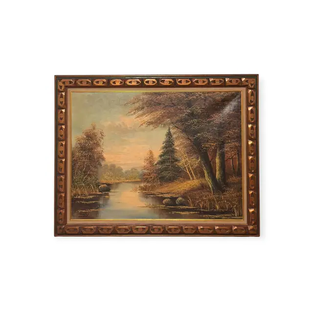 Autumn River Landscape Oil Signed Fincke, Signed, Framed - full view