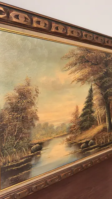 Autumn River Landscape Oil Signed Fincke, Signed, Framed - detail