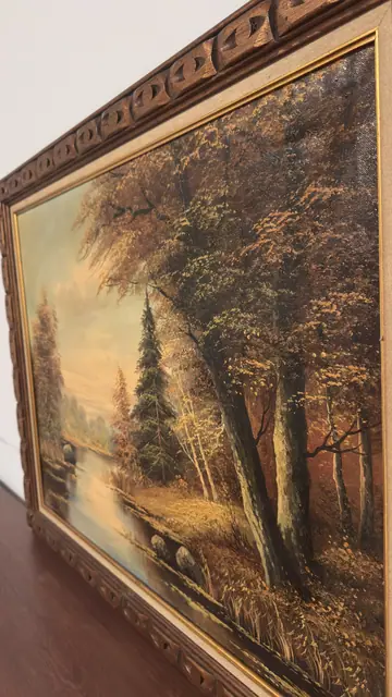 Autumn River Landscape Oil Signed Fincke, Signed, Framed - detail