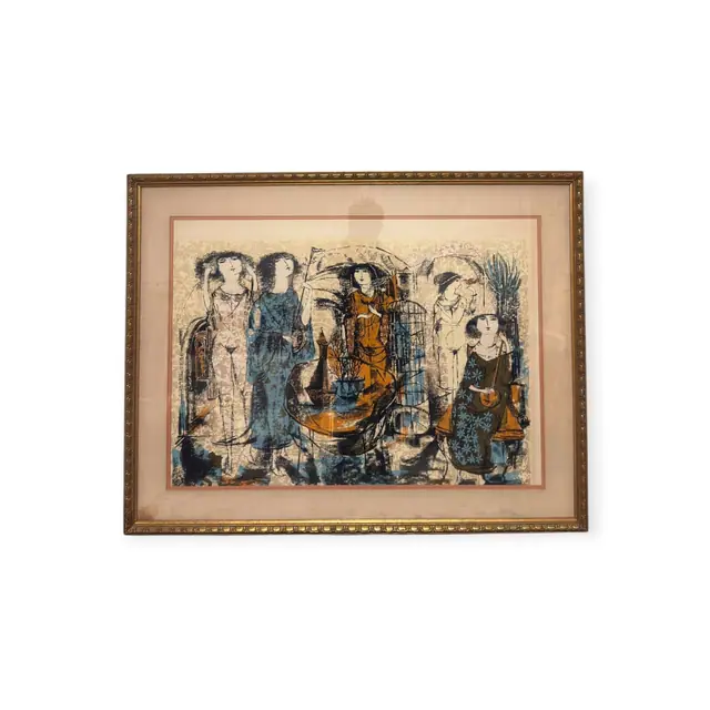 Robed Figures with Birdcage, Modernist Print, Framed - full view