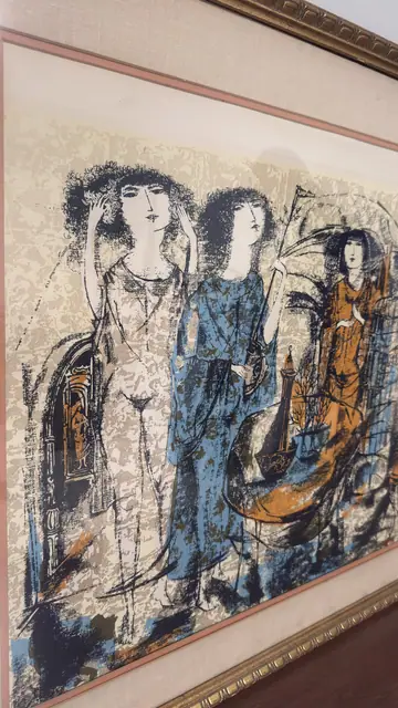 Robed Figures with Birdcage, Modernist Print, Framed - detail