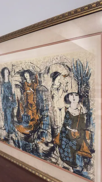 Robed Figures with Birdcage, Modernist Print, Framed - detail