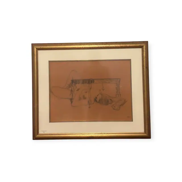 Charcoal Reclining Figure Study on Toned Paper, Framed, 1974 - full view
