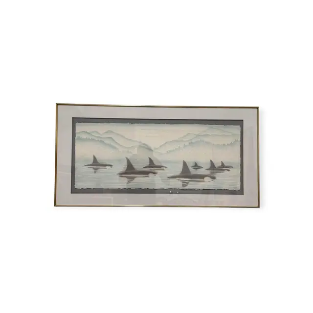 Orca Pod Watercolour on Deckle-Edged Handmade Paper, Signed, Framed - full view
