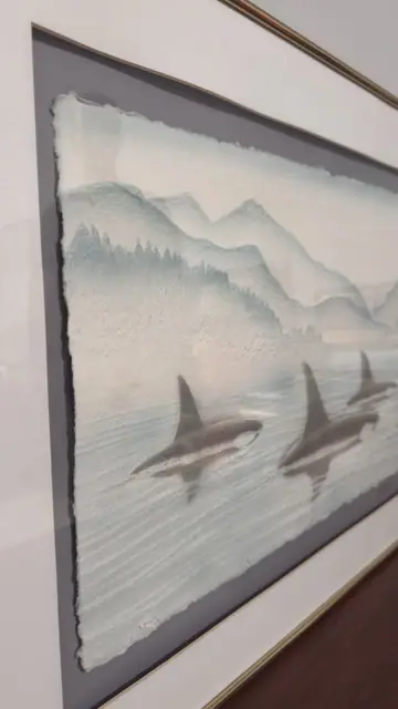 Orca Pod Watercolour on Deckle-Edged Handmade Paper, Signed, Framed - detail