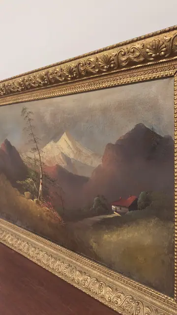 Antique Alpine Landscape Oil in Gilt Frame, Framed - detail