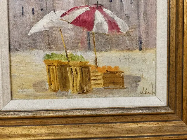 Impressionist Oil Painting, Market Stalls with Parasols, Gilt Frame - signature