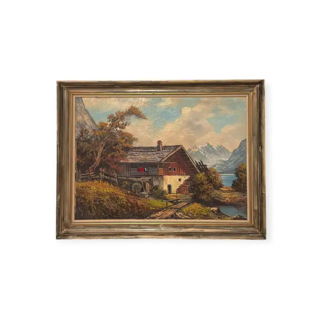 Alpine Farmhouse and Lake Oil Painting, Framed - full view