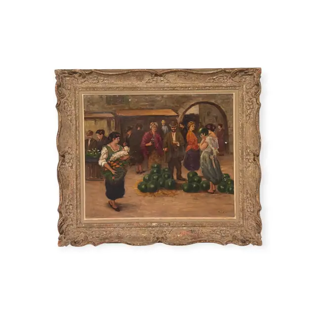 Italian Market Scene Oil Signed Forelli, Signed, Framed - full view