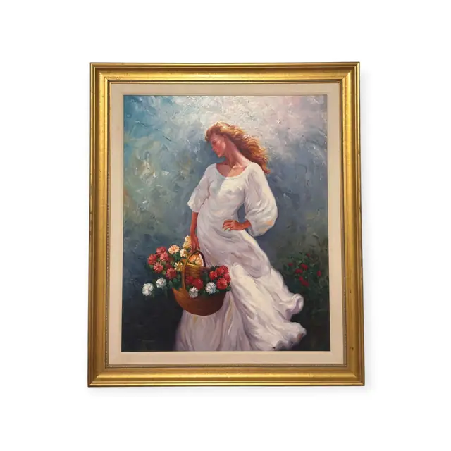 Woman in White with Basket of Flowers, Frosall, Signed, Framed - full view