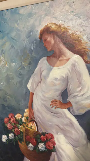 Woman in White with Basket of Flowers, Frosall, Signed, Framed - detail