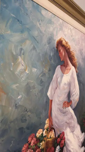 Woman in White with Basket of Flowers, Frosall, Signed, Framed - detail