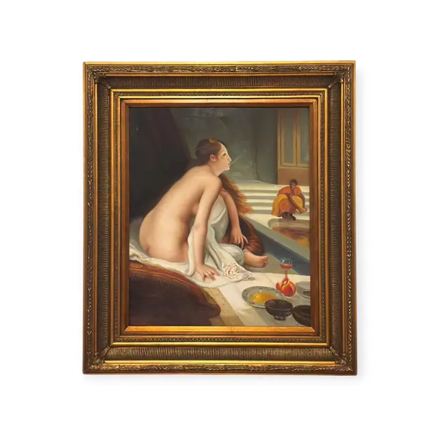 Orientalist Bath Scene with Seated Nude, Signed, Framed - full view