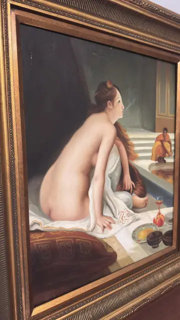 Orientalist Bath Scene with Seated Nude, Signed, Framed - detail