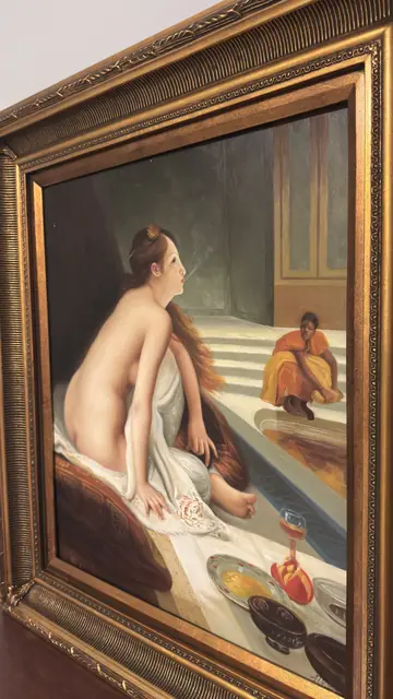 Orientalist Bath Scene with Seated Nude, Signed, Framed - detail