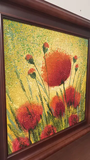 Red Poppies on a Golden Field, Signed, Framed - detail