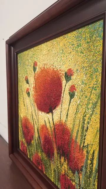 Red Poppies on a Golden Field, Signed, Framed - detail