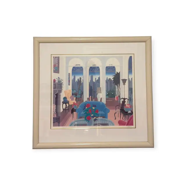 Art Deco Salon with Manhattan Skyline, McKnight, Signed, Framed - full view