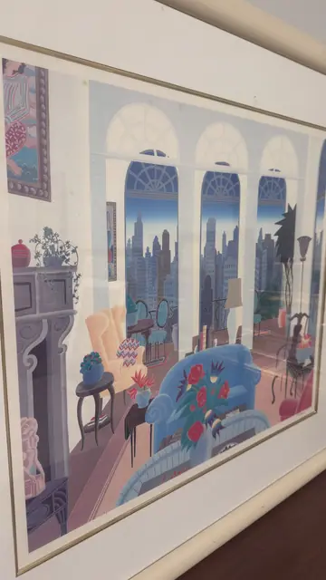 Art Deco Salon with Manhattan Skyline, McKnight, Signed, Framed - detail