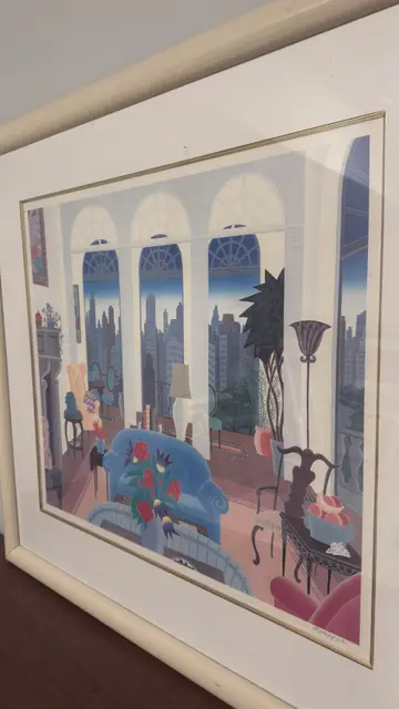 Art Deco Salon with Manhattan Skyline, McKnight, Signed, Framed - detail
