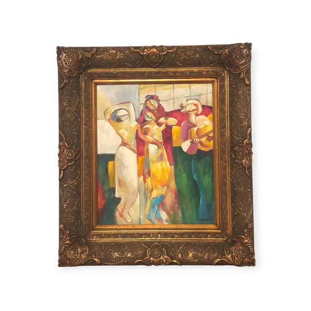 Cubist Group of Figures with Musician, B. Kemer, Signed, Framed - full view