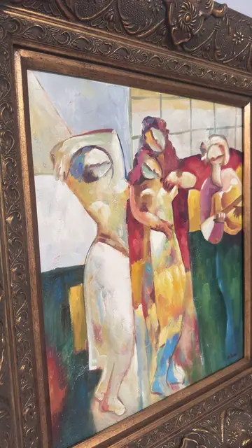 Cubist Group of Figures with Musician, B. Kemer, Signed, Framed - detail