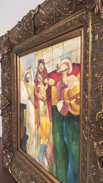 Cubist Group of Figures with Musician, B. Kemer, Signed, Framed - detail