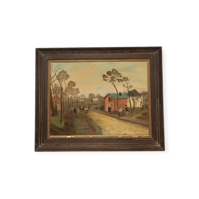 Country Road with Red House and Horse Cart, Framed - full view