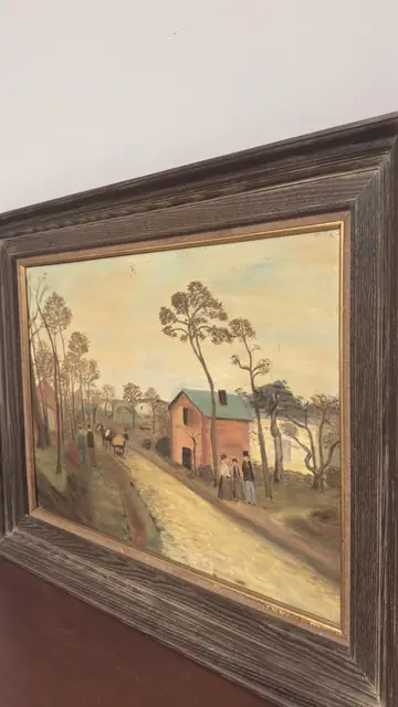 Country Road with Red House and Horse Cart, Framed - detail