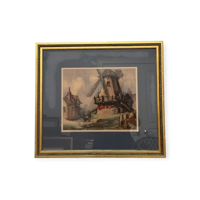 Windmill and Cottages, Signed Watercolour, Signed, Framed - full view