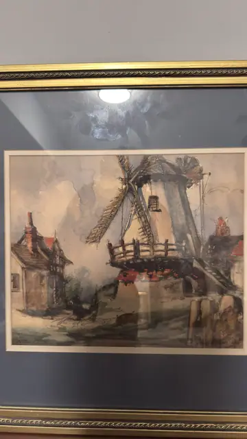 Windmill and Cottages, Signed Watercolour, Signed, Framed - detail