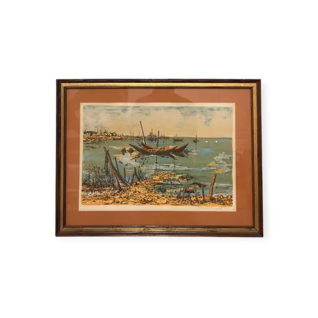 Harbour with Moored Boats, Signed Buffet Lithograph, Maurice Buffet, Numbered Edition, Framed - full view