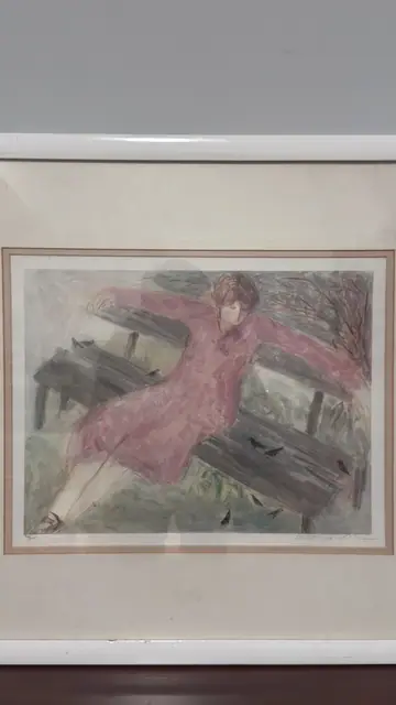 Woman in Pink on a Park Bench, barbara A wood, Numbered Edition, Framed - detail