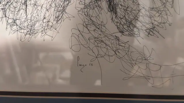 Scribbled Ink Drawing of a Blossom, Signed, Framed, 1968 - signature