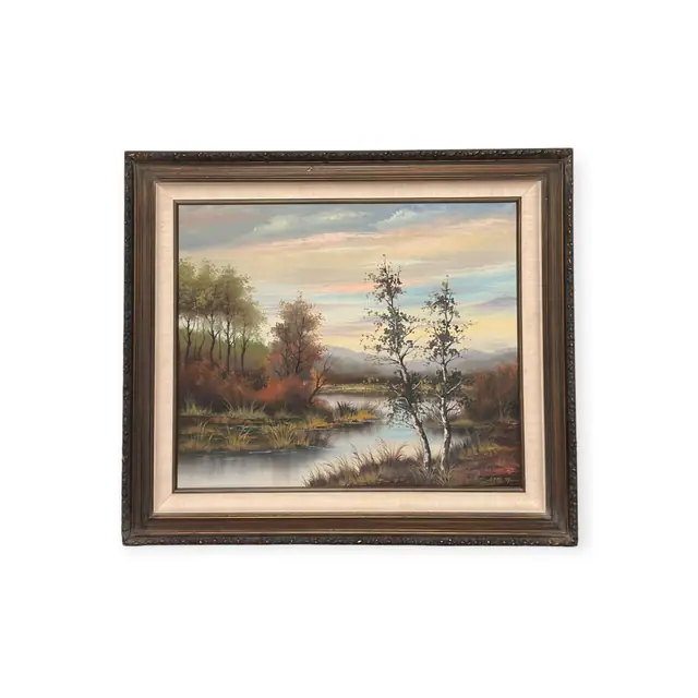 Autumn River Landscape with Birch Trees, ERNEST, Signed, Framed - full view