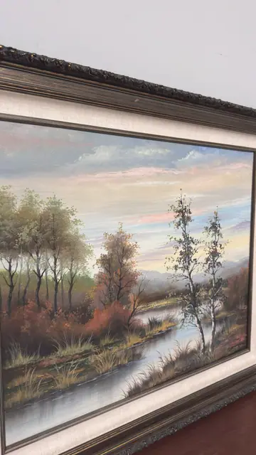 Autumn River Landscape with Birch Trees, ERNEST, Signed, Framed - detail