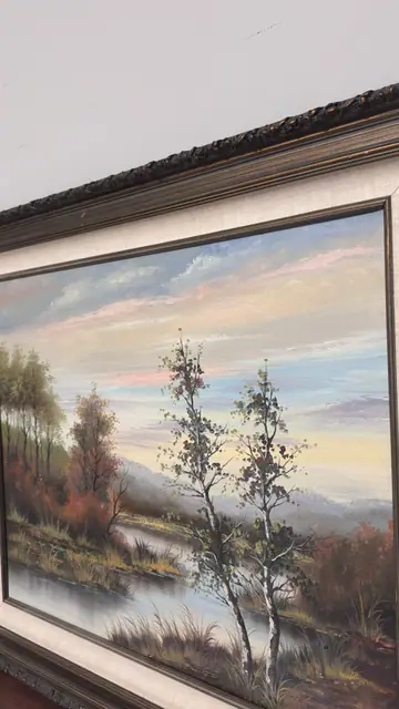 Autumn River Landscape with Birch Trees, ERNEST, Signed, Framed - detail