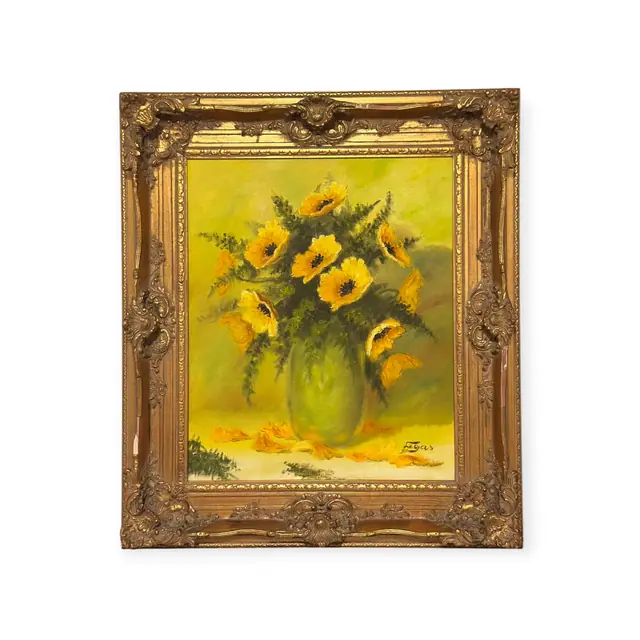 Yellow Poppies in a Green Vase, Egas, Signed, Framed - full view