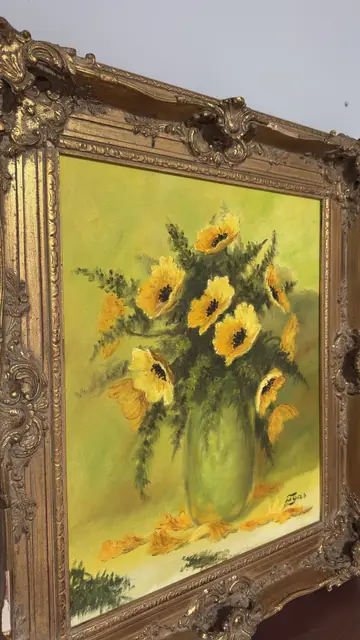 Yellow Poppies in a Green Vase, Egas, Signed, Framed - detail