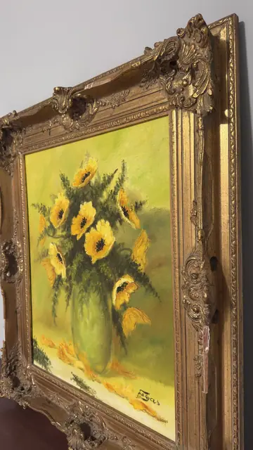 Yellow Poppies in a Green Vase, Egas, Signed, Framed - detail