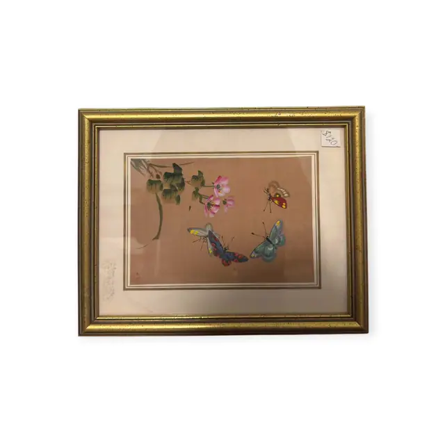 Chinese Butterflies and Pink Blossoms on Silk, Signed, Framed - full view
