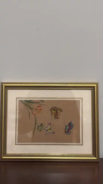 Chinese Butterflies with Orange Lily on Silk, Framed - full view