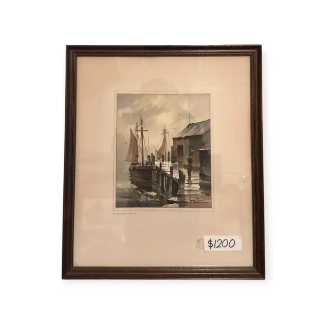 Reflections Cape Cod Harbour Watercolour by John Hare, Signed, Framed - full view