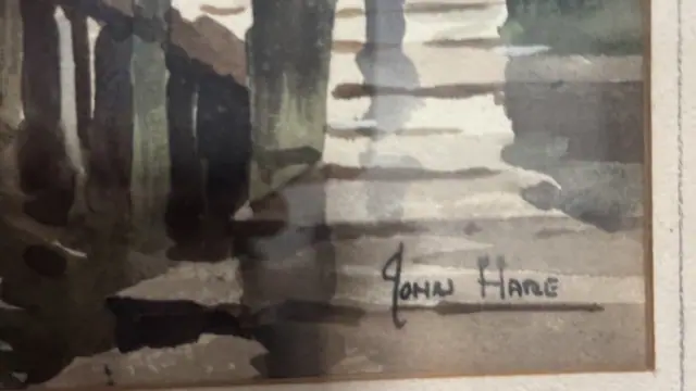 Reflections Cape Cod Harbour Watercolour by John Hare, Signed, Framed - signature