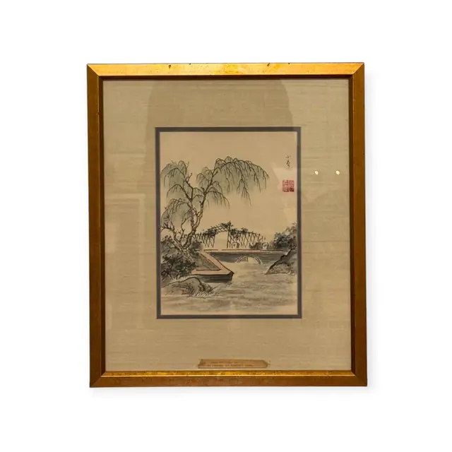 Chinese Ink Painting of Willows and Zigzag Bridge, Signed, Framed - full view
